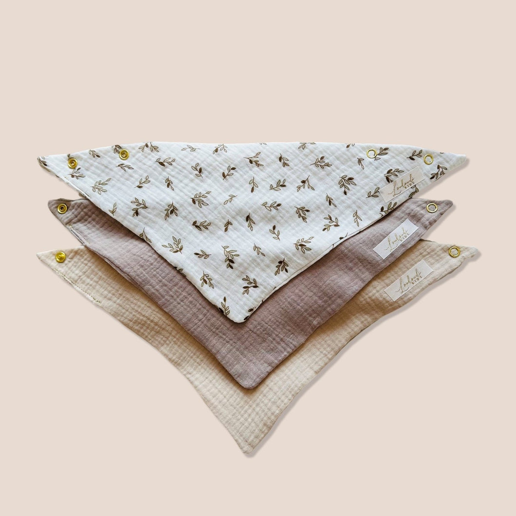 Set 3 Stück personalisierbar Musselin Baby und Kleinkind Halstücher Dreieckstücher Spucktücher Bio Baumwolle Lätzchen Gaze Geschenk Kinder Musselintuch Musselintücher Dreieckstuch Blätter Beige Halstuch Louloudi KIDS