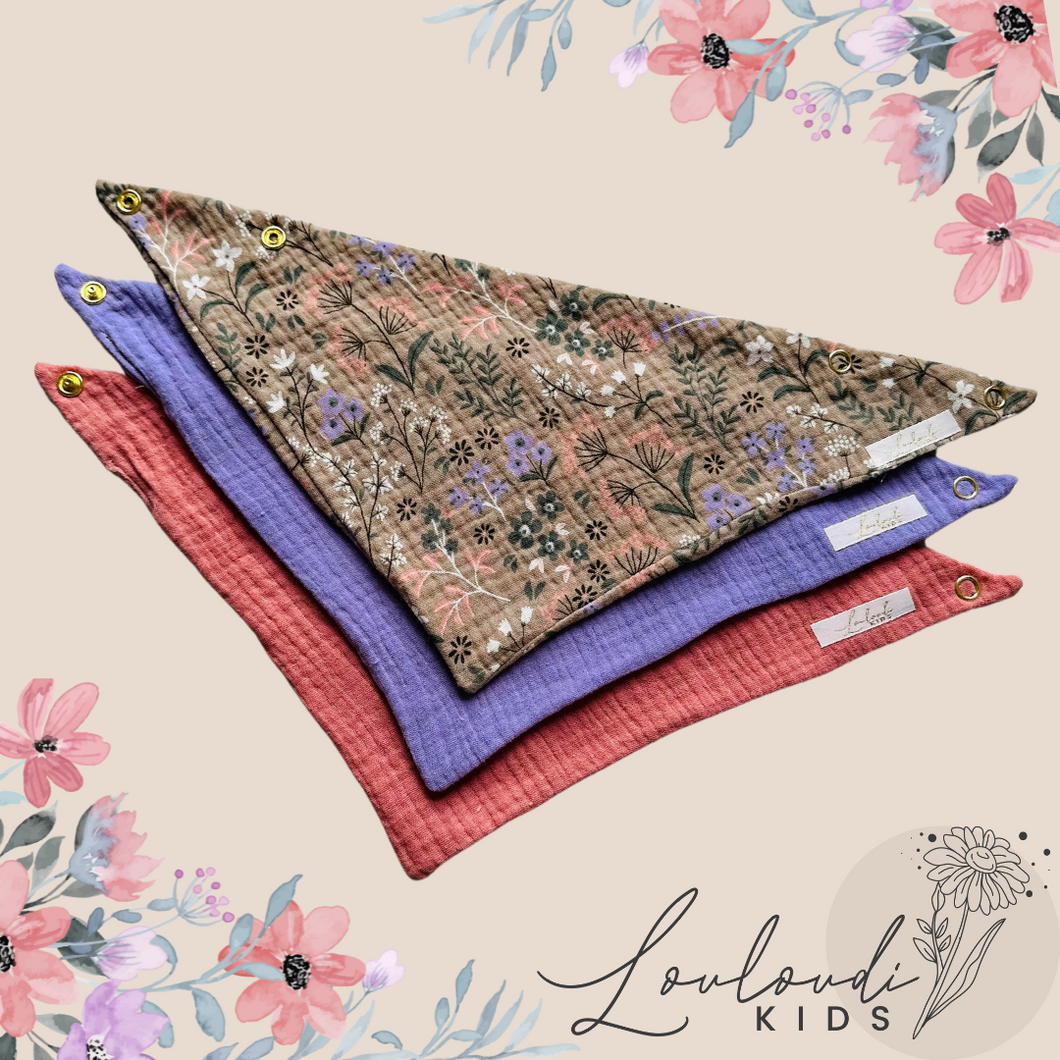 Set 3 Stück personalisierbar Musselin Baby und Kleinkind Halstücher Dreieckstücher Spucktücher Bio Baumwolle Lätzchen Gaze Geschenk Kinder Musselintuch Musselintücher Dreieckstuch Blätter Blumen Blüten Mädchen Beige Halstuch Louloudi KIDS