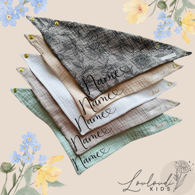 Set 5 Stück personalisierbar Musselin Baby und Kleinkind Halstücher Dreieckstücher Spucktücher Bio Baumwolle Lätzchen Gaze Geschenk Kinder Musselintuch Musselintücher Dreieckstuch Blumen Blätter Blüten Motiv Mädchen Rosa Beige Halstuch Louloudi KIDS