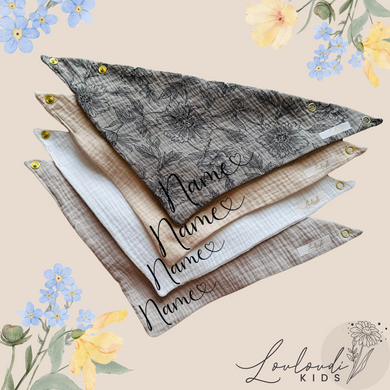 Set 4 Stück personalisierbar Musselin Baby und Kleinkind Halstücher Dreieckstücher Spucktücher Bio Baumwolle Lätzchen Gaze Geschenk Kinder Musselintuch Musselintücher Dreieckstuch Blumen Blätter Blüten Motiv Rosa Beige Halstuch Louloudi KIDS