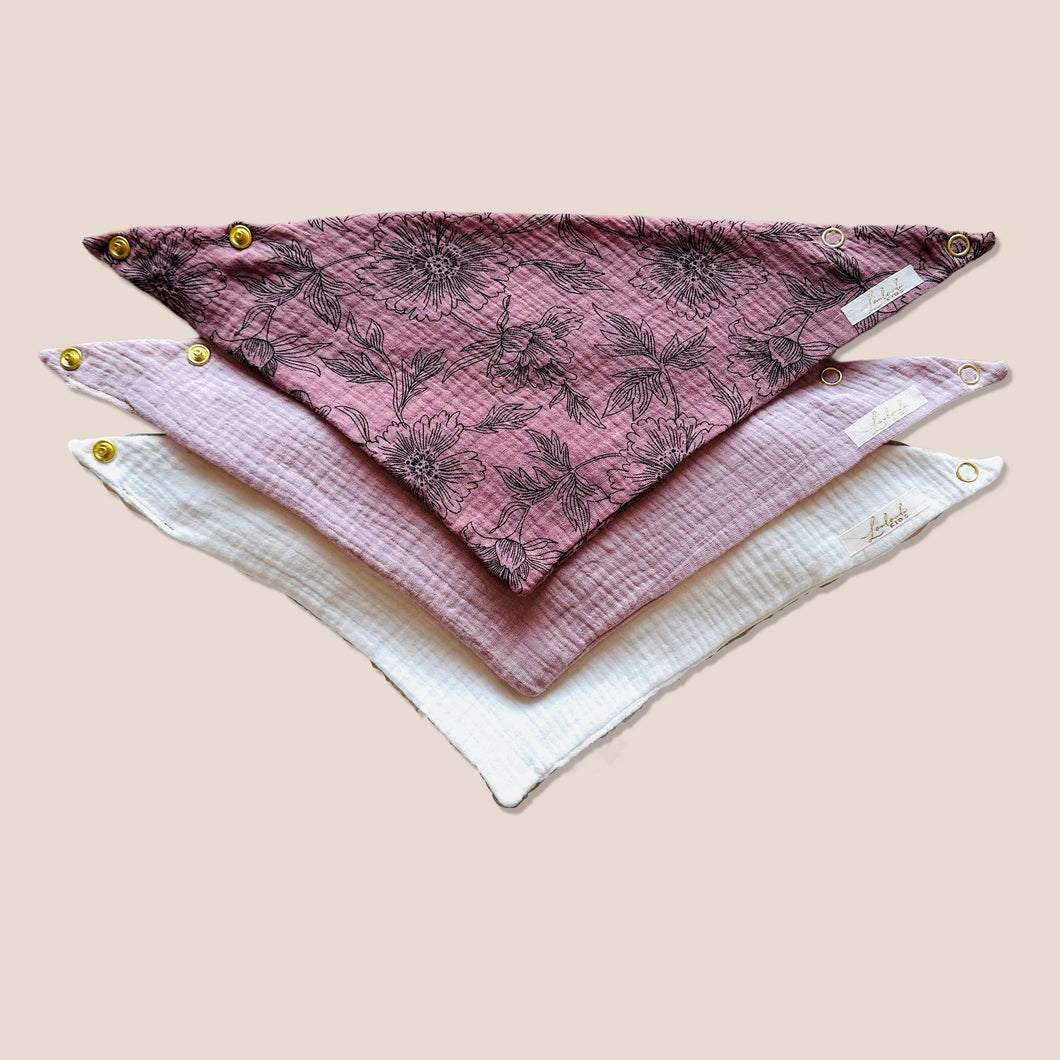 Set 3 Stück personalisierbar Musselin Baby und Kleinkind Halstücher Dreieckstücher Spucktücher Bio Baumwolle Lätzchen Gaze Geschenk Kinder Musselintuch Musselintücher Dreieckstuch Blumen Blüten Mädchen Rosa Beige Halstuch Louloudi KIDS