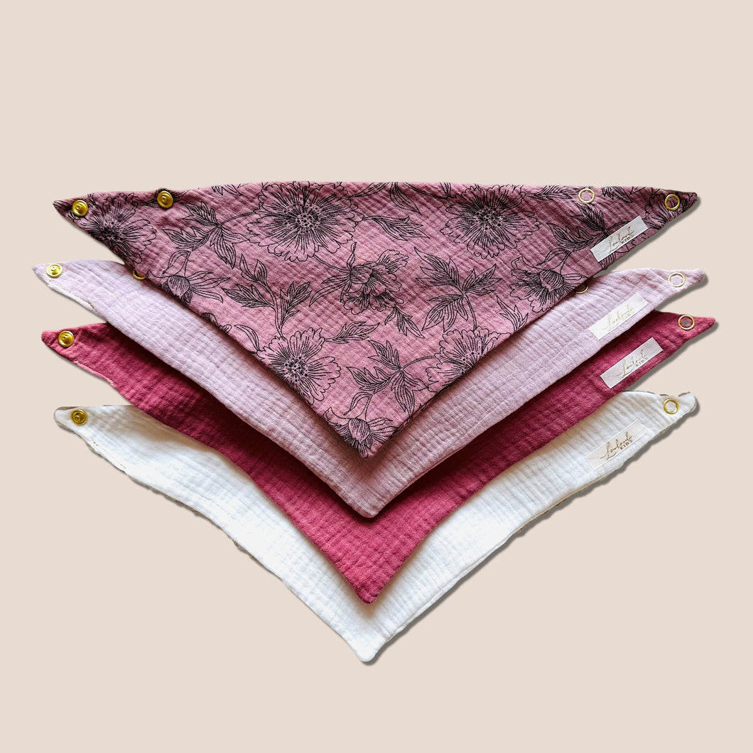 Set 4 Stück personalisierbar Musselin Baby und Kleinkind Halstücher Dreieckstücher Spucktücher Bio Baumwolle Lätzchen Gaze Geschenk Kinder Musselintuch Musselintücher Dreieckstuch Blumen Blüten Mädchen Rosa Beige Halstuch Louloudi KIDS
