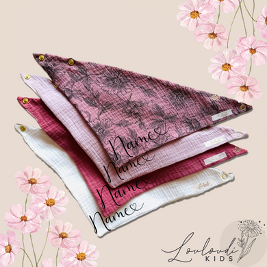 Set 4 Stück personalisierbar Musselin Baby und Kleinkind Halstücher Dreieckstücher Spucktücher Bio Baumwolle Lätzchen Gaze Geschenk Kinder Musselintuch Musselintücher Dreieckstuch Blumen Blüten Mädchen Rosa Beige Halstuch Louloudi KIDS