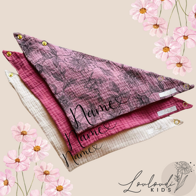 Set 3 Stück personalisierbar Musselin Baby und Kleinkind Halstücher Dreieckstücher Spucktücher Bio Baumwolle Lätzchen Gaze Geschenk Kinder Musselintuch Musselintücher Dreieckstuch Blumen Rosa Blüten Motiv Mädchen Beige Halstuch Louloudi KIDS