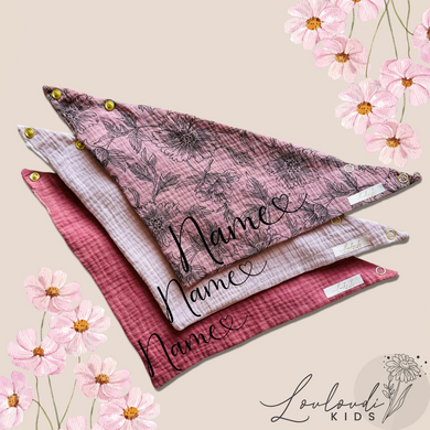 Set 3 Stück personalisierbar Musselin Baby und Kleinkind Halstücher Dreieckstücher Spucktücher Bio Baumwolle Lätzchen Gaze Geschenk Kinder Musselintuch Musselintücher Dreieckstuch Blüten Blumen Mädchen Motiv Halstuch Louloudi KIDS