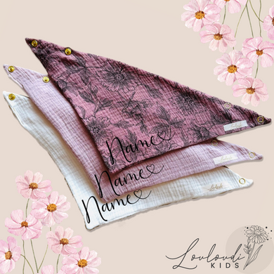 Set 3 Stück personalisierbar Musselin Baby und Kleinkind Halstücher Dreieckstücher Spucktücher Bio Baumwolle Lätzchen Gaze Geschenk Kinder Musselintuch Musselintücher Dreieckstuch Blumen Blüten Mädchen Rosa Beige Halstuch Louloudi KIDS