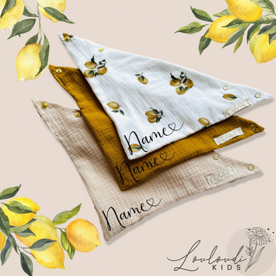 Set 3 Stück personalisierbar Musselin Baby und Kleinkind Halstücher Dreieckstücher Spucktücher Bio Baumwolle Lätzchen Gaze Geschenk Kinder Musselintuch Musselintücher Dreieckstuch Zitronen Beige Halstuch Louloudi KIDS