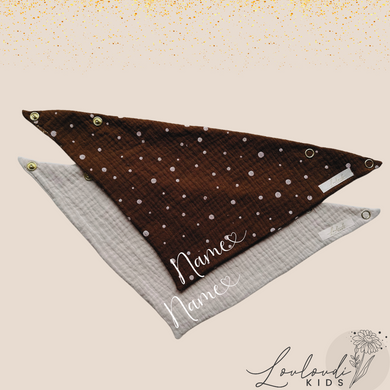 Set 2 Stück personalisierbar Musselin Baby und Kleinkind Halstücher Dreieckstücher Spucktücher Bio Baumwolle Lätzchen Gaze Geschenk Kinder Musselintuch Musselintücher Dreieckstuch mit Punkten Pünktchen gepunktet Polka Dot Beige Halstuch Louloudi KIDS
