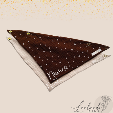Set 2 Stück personalisierbar Musselin Baby und Kleinkind Halstücher Dreieckstücher Spucktücher Bio Baumwolle Lätzchen Gaze Geschenk Kinder Musselintuch Musselintücher Dreieckstuch mit Punkten Pünktchen gepunktet Polka Dot Beige Halstuch Louloudi KIDS