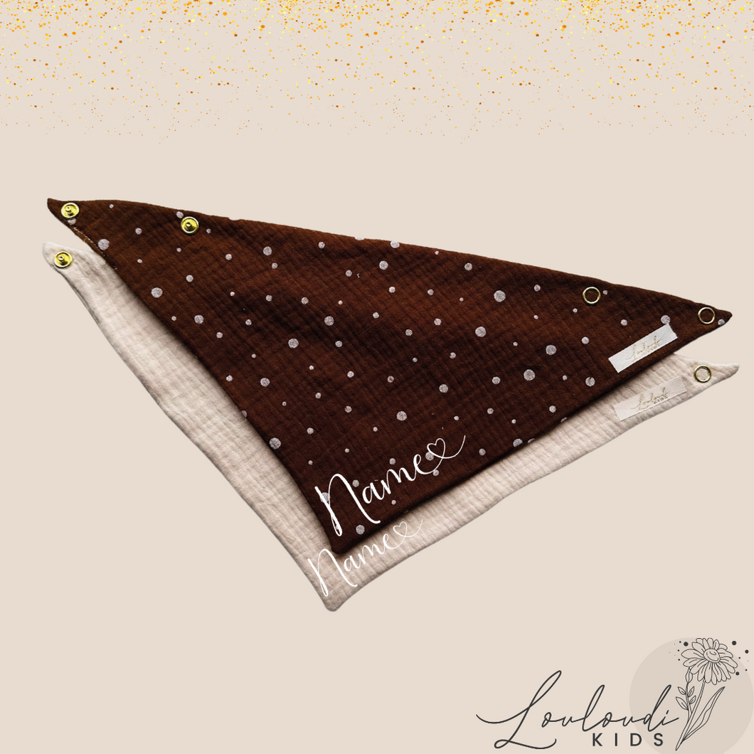 Set 2 Stück personalisierbar Musselin Baby und Kleinkind Halstücher Dreieckstücher Spucktücher Bio Baumwolle Lätzchen Gaze Geschenk Kinder Musselintuch Musselintücher Dreieckstuch mit Punkten Pünktchen gepunktet Polka Dot Beige Halstuch Louloudi KIDS